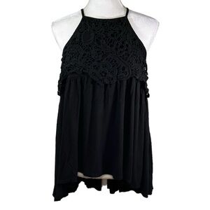 🌸CY Fashion- Black Halter Top Tank Top with Embroidered Layer Front- Size M